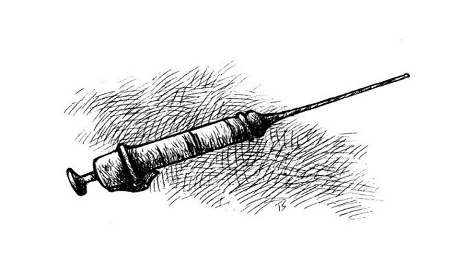 Kim tiêm: Kim tiêm thời Trung cổ có cấu tạo rất đặc biệt. Với phần thân ống và kim tiêm dài mỏng, chúng to hơn nhiều so với kim tiêm ngày nay. Chúng được sử dụng vào thế kỷ 16 để tiêm thủy ngân  điều trị bệnh giang mai mà các thủy thủ thường mắc phải. Nó là kim tiêm niệu đạo, vì vậy thủy ngân được tiêm trực tiếp vào dương vật