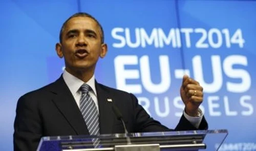 Tổng thống Mỹ Barack Obama phát biểu trong cuộc họp báo bên lề hội nghị thượng đỉnh EU-Mỹ.