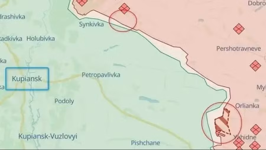 Bản đồ chiến sự khu vực Kupiansk cho thấy áp lực mạnh của quân Nga Bản đồ chiến sự khu vực Kupiansk cho thấy áp lực mạnh của quân Nga