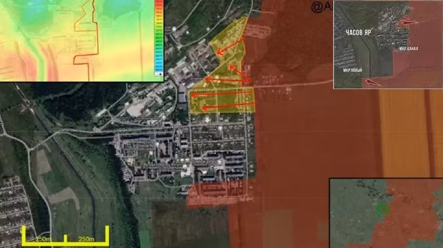 Bản đồ chiến sự Chasov Yar cho thấy quân Ukraine đã rút khỏi tuyến phòng thủ ở tiểu khu Kanal