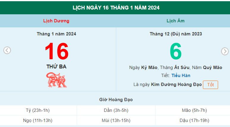 Lịch âm hôm nay - Xem lịch âm ngày 16/1