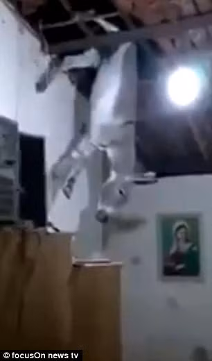 dang an com, thay mot con lua tu tren troi roi xuyen mai nha xuong dat hinh anh 1