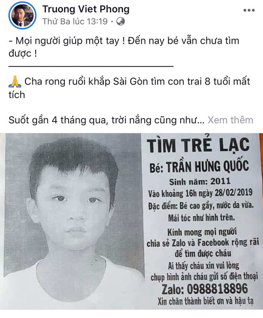 Ảnh chụp màn hình, cộng đồng mạng chia sẻ về thông tin tìm bé Quốc. Ảnh Phan Nga Ảnh chụp màn hình, cộng đồng mạng chia sẻ về thông tin tìm bé Quốc. Ảnh Phan Nga