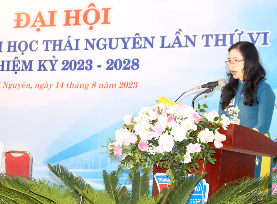 Bà Nguyễn Thị Bích Hợp Phó Chủ tịch Công đoàn Giáo dục Việt Nam phát biểu tại Đại hội