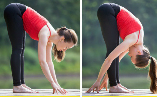 Thử động tác cúi gập thân vào chân. Thử động tác gập thân vào chân.