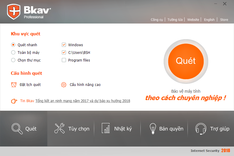 Giao diện phần mềm diệt virus Bkav 2018