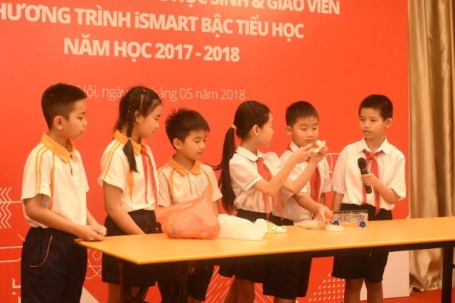 Nhóm HS học chương trình STEM trình bày dự án Năng lượng gió trong khuôn khổ hội nghị