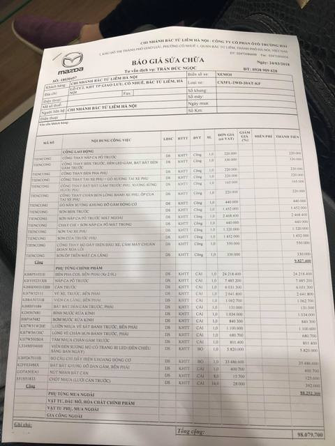 Báo giá chi phí sửa chữa chiếc Mazda CX-5 do đại lý Phạm Văn Đồng gửi anh Sáng chiều 24/3, ngay sau khi xảy ra sự việc Báo giá chi phí sửa chữa chiếc Mazda CX-5 do đại lý Phạm Văn Đồng gửi anh Sáng chiều 24/3, ngay sau khi xảy ra sự việc