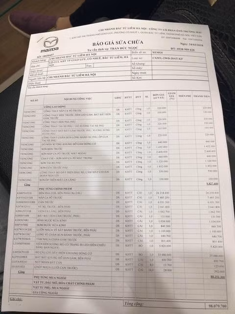 Báo giá chi phí sửa chữa chiếc Mazda CX-5 do đại lý Phạm Văn Đồng gửi anh Sáng chiều 24/3, ngay sau khi xảy ra sự việc
