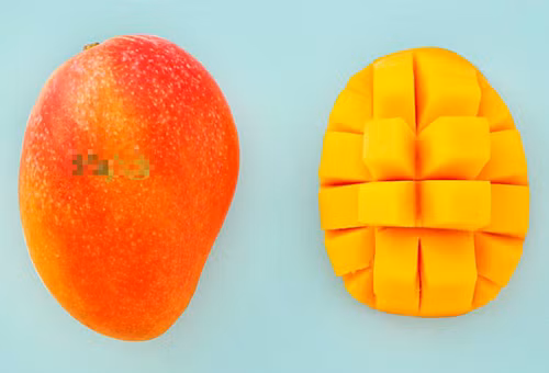 Bên ngoài và bên trong quả xoài đỏ Miyazaki được xách về Việt Nam. Ảnh: MiaFruit