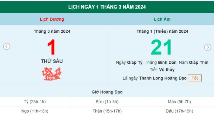 Lịch âm hôm nay - Xem lịch âm ngày 1/3