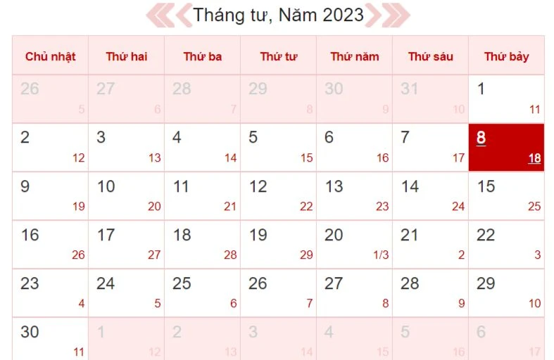 Xem lịch âm ngày 8/4/2023