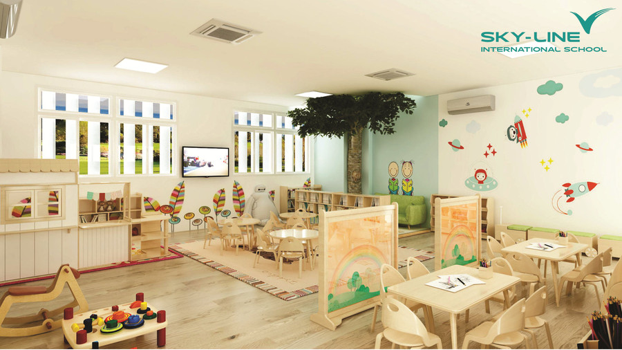 Nội thất bằng gỗ trong các phòng học của trường Quốc tế SKY – LINE đều được đặt hàng theo tiêu chuẩn E0 dành cho Mầm non và tiêu chuẩn E1 dành cho khối Phổ thông
