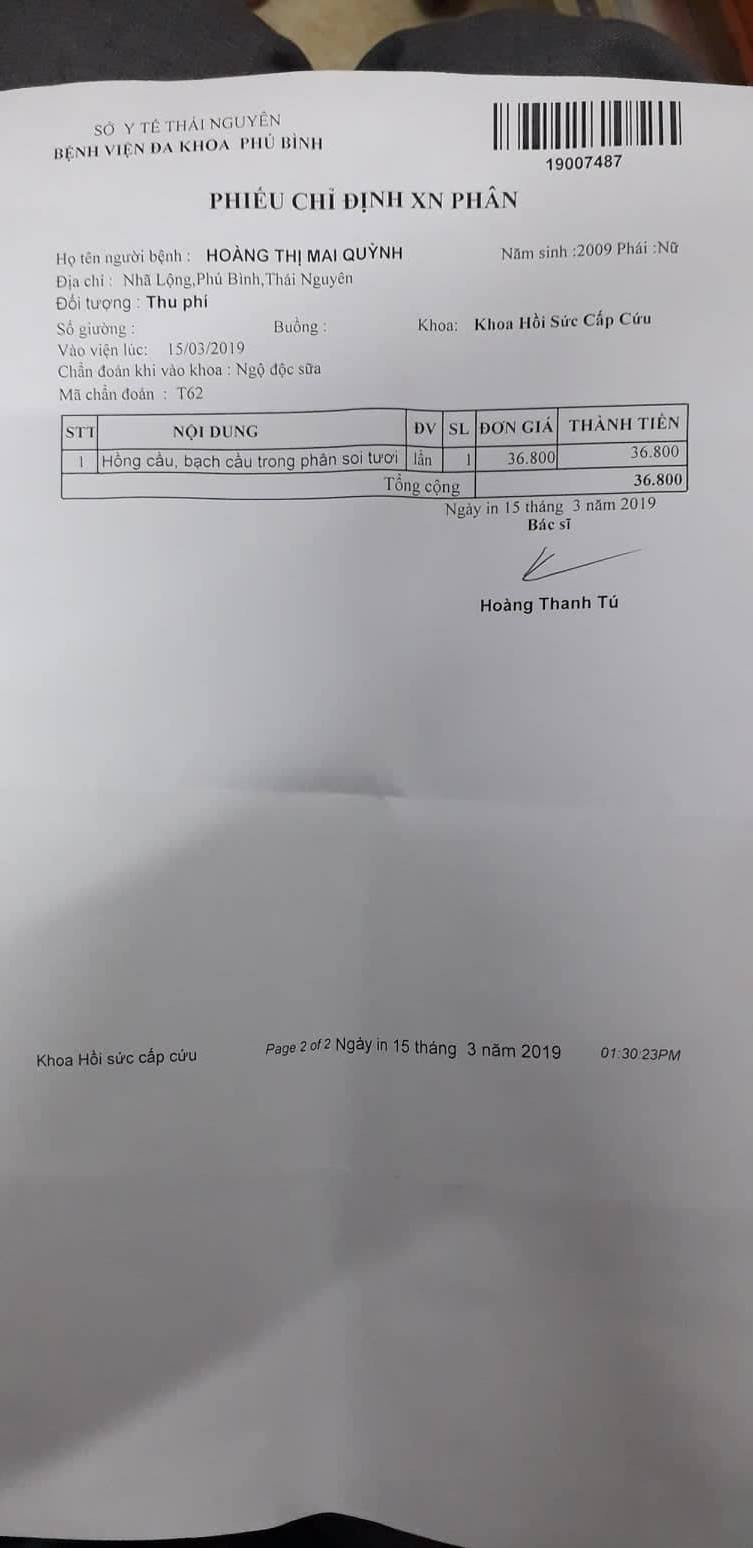 Chuẩn đoán ban đầu của Bệnh viện Đa khoa Phú Bình là do ngộ độc sữa Chuẩn đoán ban đầu của Bệnh viện Đa khoa Phú Bình là do ngộ độc sữa