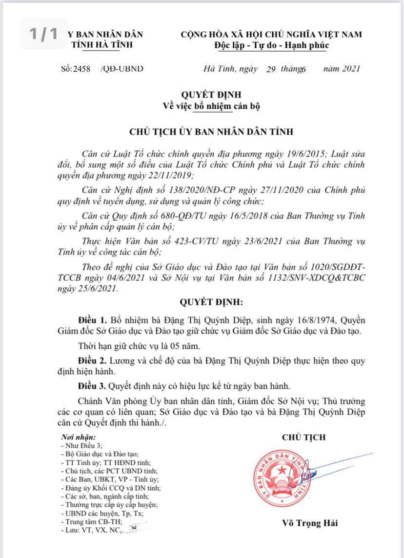 Quyết định do ông Võ Trọng Hải, Chủ tịch UBND tỉnh Hà Tĩnh ký ngày 29/6.
