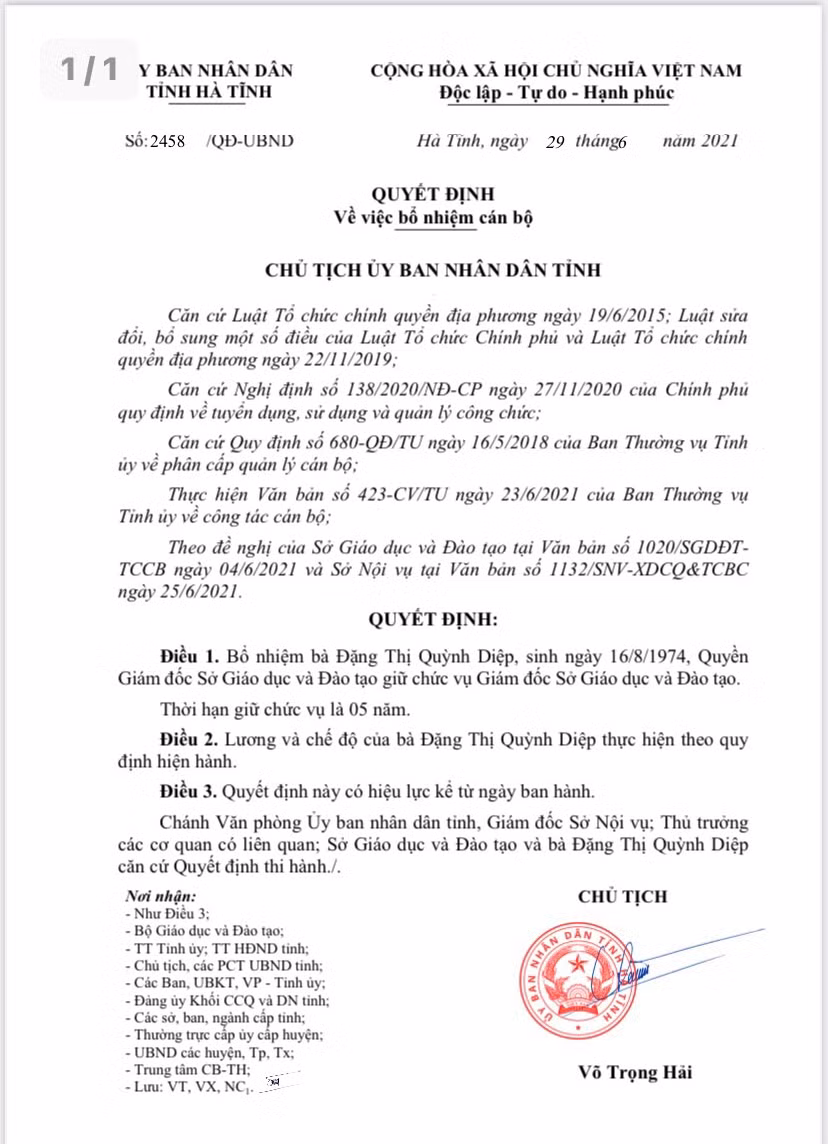 Quyết định do ông Võ Trọng Hải, Chủ tịch UBND tỉnh Hà Tĩnh ký ngày 29/6.