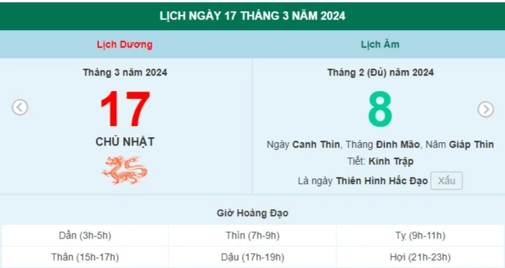 Lịch âm hôm nay - Xem lịch âm ngày 17/3