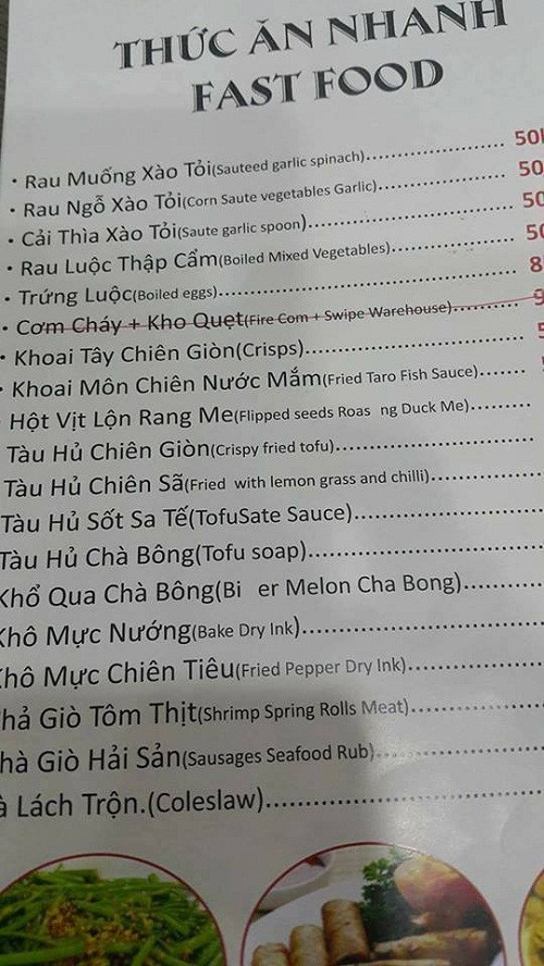 Thực đơn song ngữ Việt-Anh khiến khách Tây té ngửa. Thực đơn song ngữ Việt-Anh khiến khách Tây téngửa.