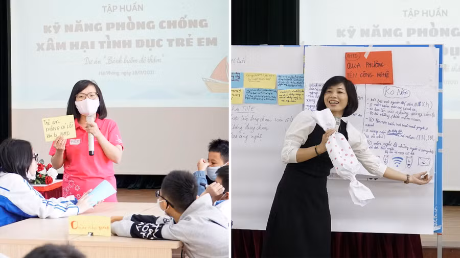 Bà Trần Hồng Điệp (trái) và bà Đào Ánh Hồng (phải) trong buổi tập huấn.