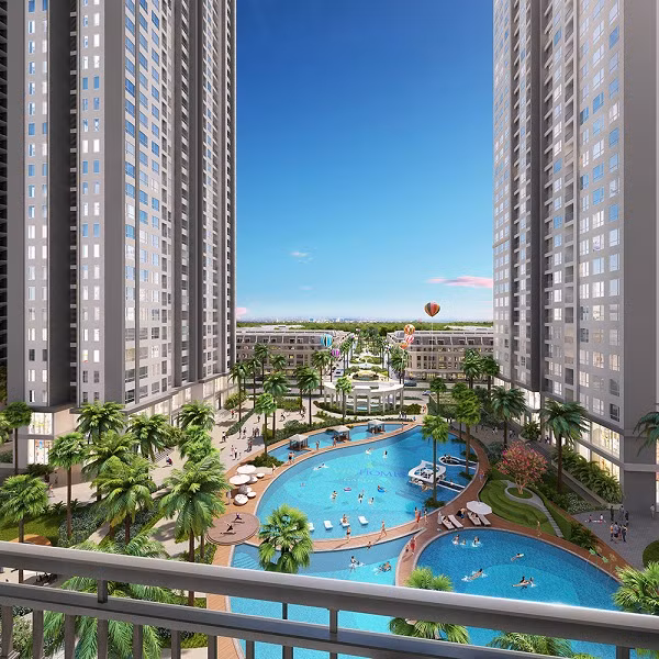 Tầm nhìn tuyệt đẹp ra bể bơi ngoài trời từ căn hộ A3 The Arcadia – Vinhomes Gardenia.

