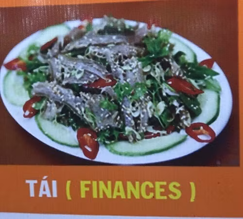 Món tái bị dịch sang tiếng Anh thành finances - nghĩa tiếng Việt là tài chính.