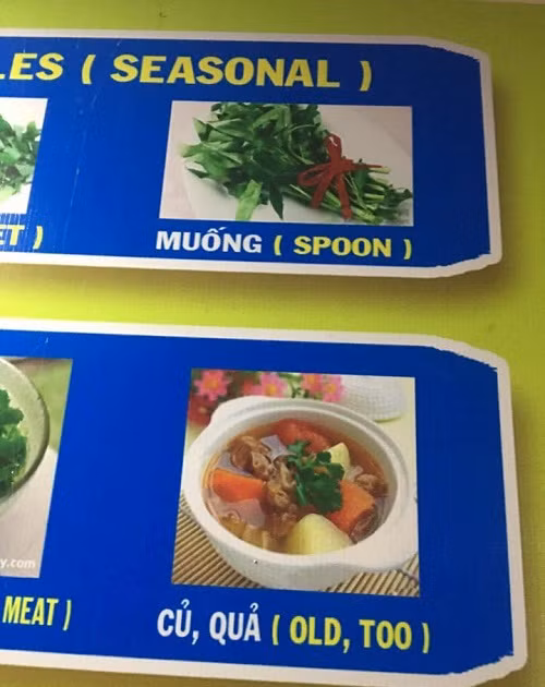 Muống bịdịch thành spoon (muỗng), củ quả bị dịch thành old too do người làm thực đơn dùng tiếng Việt không dấu khi sử dụng Google dịch.