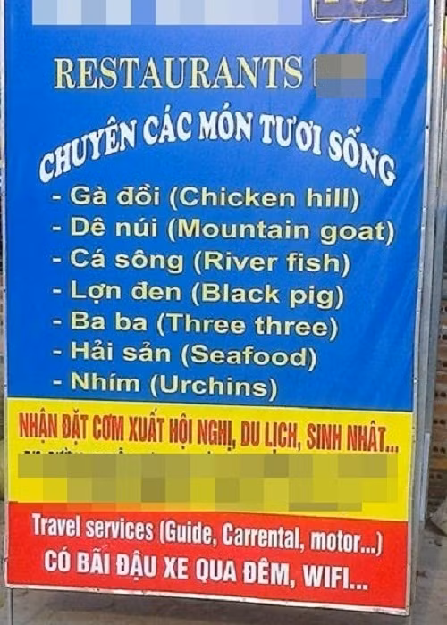 Dịch ba ba thành three three là lỗi khiến du khách không thể nhịn cười.