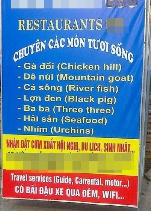 Dịch "ba ba" thành "three three" là lỗi khiến du khách không thể nhịn cười. Dịch ba ba thành three three là lỗi khiến du khách không thể nhịn cười.