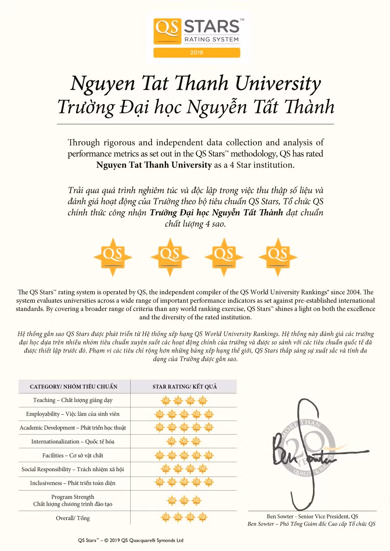 Giấy chứng nhận của tổ chức QS Stars Anh Quốc cấp cho Trường ĐH Nguyễn Tất Thành Giấy chứng nhận của tổ chức QS Stars Anh Quốc cấp cho Trường ĐH Nguyễn Tất Thành