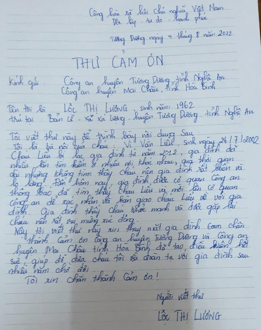Bà Lương viết thư tay gửi lời cảm ơn đến Công an huyện Tương Dương và Công an huyện Mai Châu. Bà Lương viết thư tay gửi lời cảm ơn đến Công an huyện Tương Dương và Công an huyện Mai Châu.
