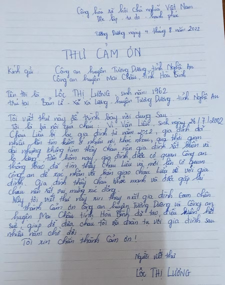 Bà Lương viết thư tay gửi lời cảm ơn đến Công an huyện Tương Dương và Công an huyện Mai Châu.