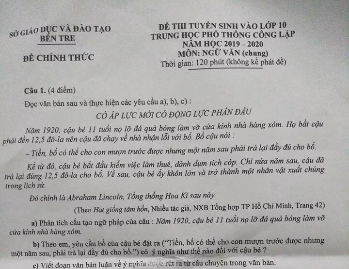  Đề thi vào lớp 10 môn Ngữ Văn của tỉnh Bến Tre sai kiến thức lịch sử. 