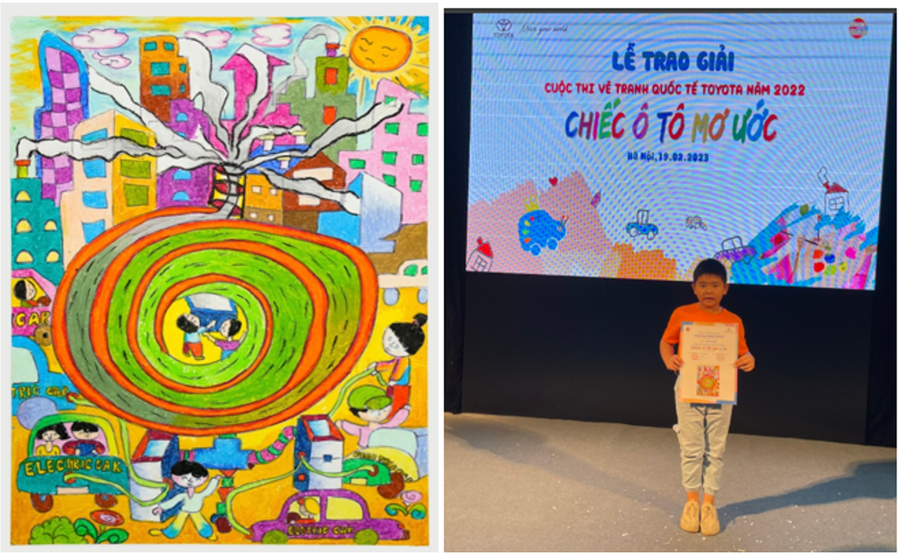 Tác phẩm “Ô tô hút nhiệt từ hiệu ứng nhà kính, tái tạo chúng thành năng lượng làm mát các tòa nhà” của em Diệp Bùi Minh Nhật, lớp 4A1, Trường Tiểu học An Thạnh 2, thành phố Hồng Ngự đạt giải nhất.