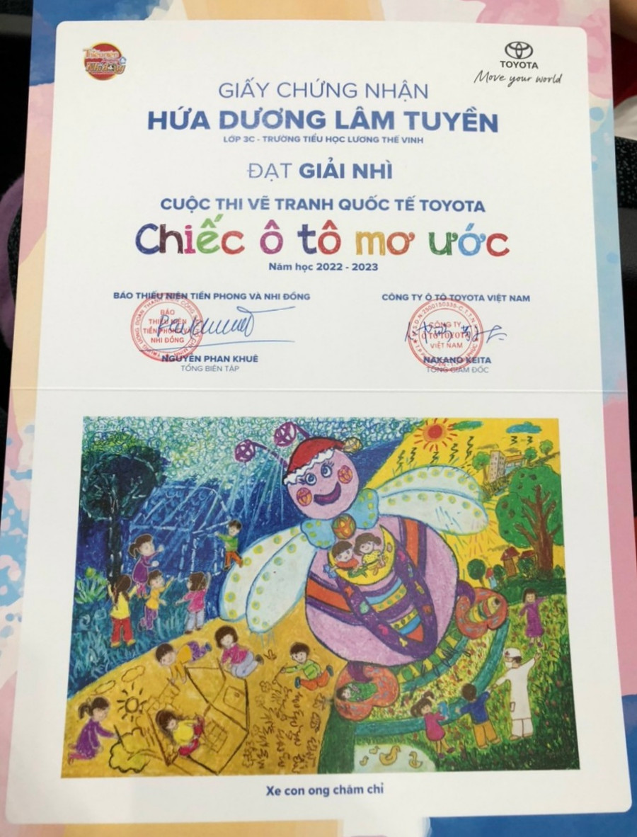Tác phẩm “Xe con ong chăm chỉ” của em Hứa Dương Lâm Tuyền, lớp 3C, Trường Tiểu học Lương Thế Vinh (TP Long Xuyên, An Giang) đạt giải Nhì cuộc thi.