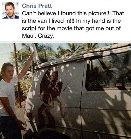 Năm 19 tuổi, Pratt mua lại vé xe một chiều đi Hawaii. Tại đây, anh sống trong “tổ ấm” là một chiếc xe tải cũ nát. Nam diễn viên khẳng định đây là một nơi “tuyệt vời”. Ảnh: Chris Pratt/Facebook. Truoc khi giau co, cac sieu sao nay tung khong mot xu dinh tui hinh anh 2