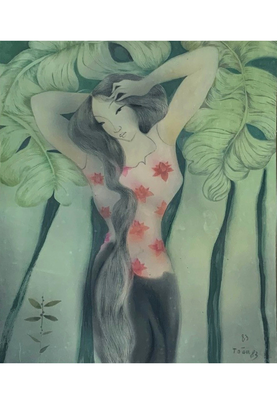 Tác phẩm “Chải tóc” (Lụa - 1983). Tác phẩm “Chải tóc” (Lụa - 1983).