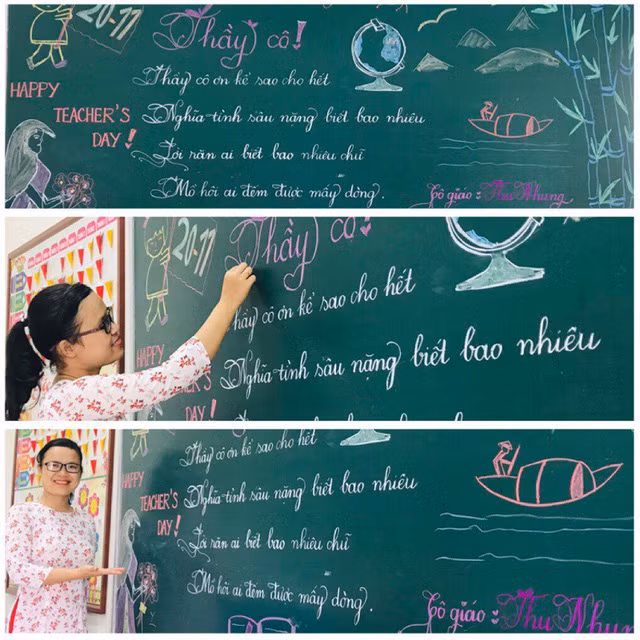 Mỗi bài thơ hay đoạn văn thuộc chủ đề “Ngày nhà giáo Việt Nam) đều được các cô giáo gắn thêm hoạt cảnh con đò, bến nước để thêm phần sinh động.