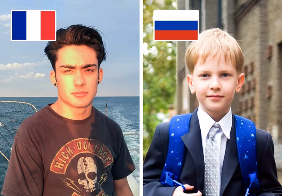 Học sinh “lớp 1” ở Pháp (trái) và học sinh lớp 1 ở Nga (phải)