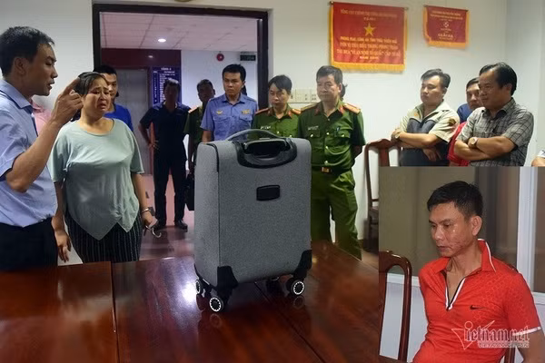 Bên trong chiếc valy màu xám của đối tượng Tiến (ảnh nhỏ) là hàng chục ngàn viên ma túy tổng hợp.