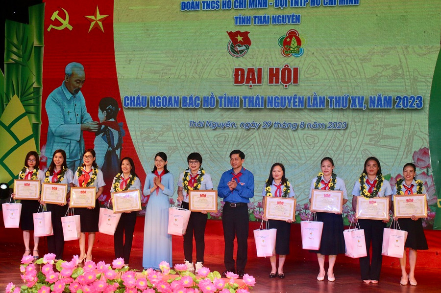 Ông Đoàn Quang Duy, Bí thư tỉnh Đoàn Thái Nguyên và bà Phạm Thị Thu Hiền, Phó Bí thư tỉnh Đoàn tuyên dương và khen thưởng 9 cán bộ phụ trách đội tiên tiến.