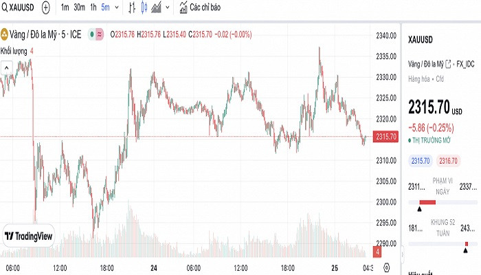 Biểu đồ biến động giá vàng trong 24 giờ qua