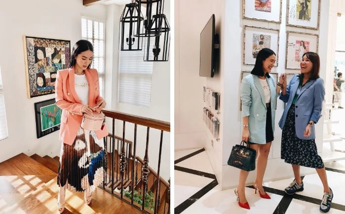 Chính chiếc áo phông trẻ trung đơn giản lại là item làm mềm thiết kế blazer chuẩn style công sở của các nàng. 