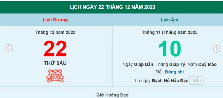 Lịch âm hôm nay - Xem lịch âm ngày 22/12