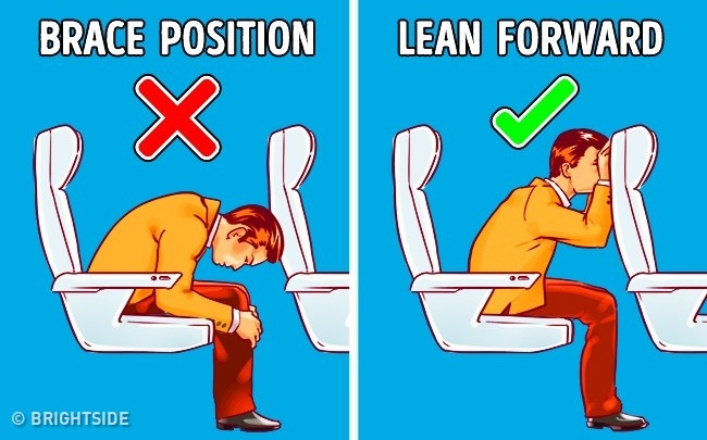 Tự bảo vệ mình trên máy bay trong tình huống khẩn cấp. Tư thế trụ chống (brace position) được in trong hầu hết những tờ rơi hướng dẫn với đầu cúi xuống, hai tay ôm lấy đầu gối ít an toàn hơn tư thế ngả người về phía trước, đặt hai chân chắc chắn trên mặt sàn rồi ghì trán lên hai tay đặt phía sau ghế ngồi trước mặt. Với tư thế này, phần cổ, lưng, cẳng chân bạn sẽ không bị gãy trong trường hợp có va chạm. 10-meo-nho-co-the-cuu-song-ban-mot-ngay-nao-do-8