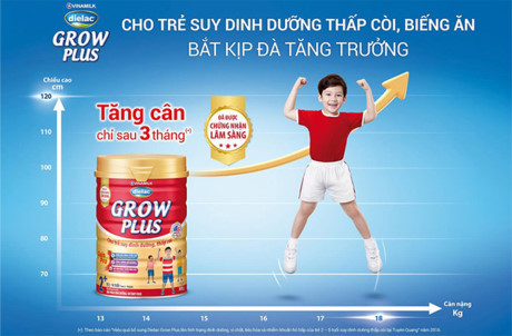 Vinamilk Dielac Grow Plus cho trẻ suy dinh dưỡng, thấp còi, biếng ăn, bắt kịp đà tăng trưởng.