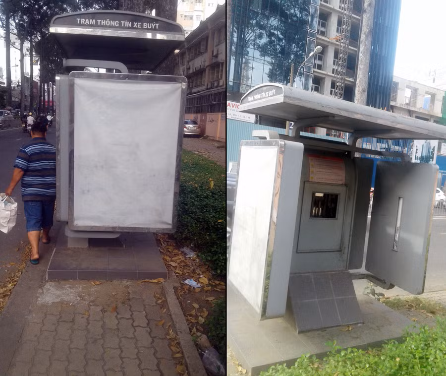 Trạm thông tin mất tác dụng (ảnh chụp tại trạm thông tin xe buýt trên đường Nguyễn Thị Minh Khai, đoạn gần Bệnh viện Từ Dũ)