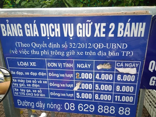 Bảng niêm yết giá dịch vụ trông giữ xe theo quyết định cũ tại điểm giữ xe ở Bệnh viện Chợ Rẫy