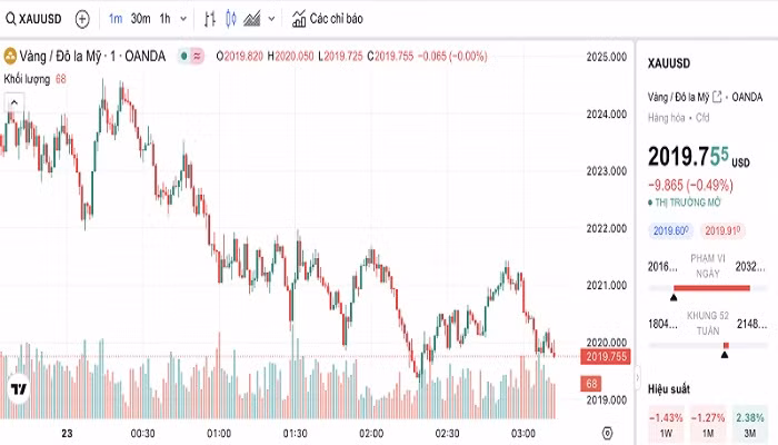 Biểu đồ biến động giá vàng trong 24 giờ qua