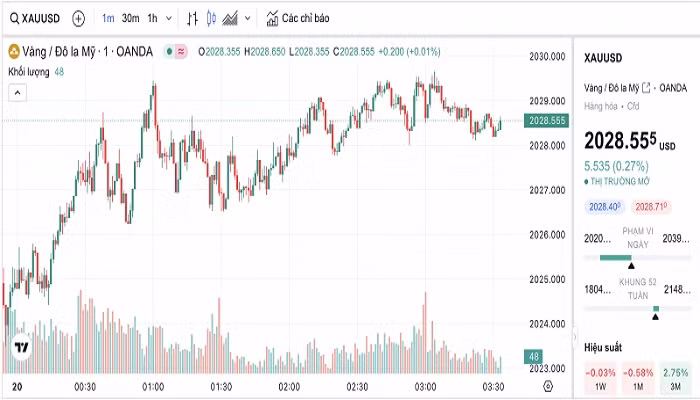 Biểu đồ biến động giá vàng trong 24 giờ qua