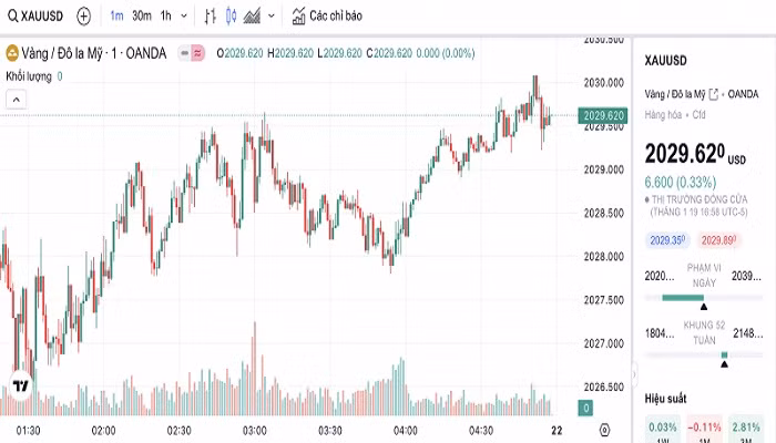 Biểu đồ biến động giá vàng trong 24 giờ qua.
